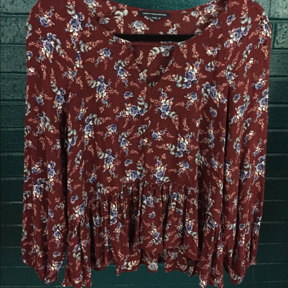 American Eagle Flowy Peplum Peasant Top Key Hole